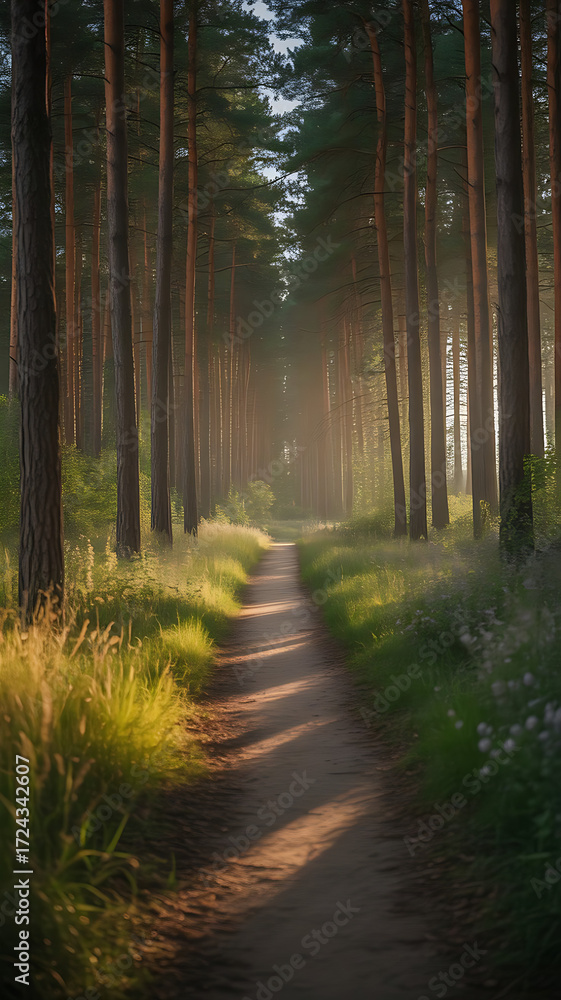 Fototapeta premium The Christian book cover features a peaceful path through a forest, symbolizing integrity and faith, with a clean background for the text.