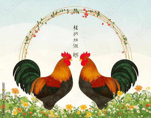 Two roosters in floral frame