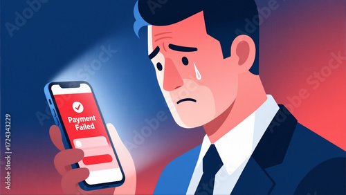 Distressed Man Receiving Payment Failed Notification On Mobile Phone