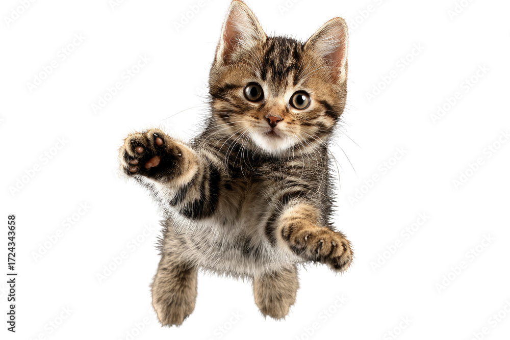 Obraz premium Adorable tabby kitten playfully reaching out with paws, isolated on transparent background. background removed