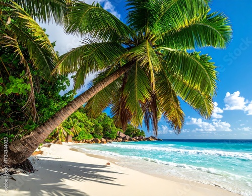 Fototapeta Naklejka Na Ścianę i Meble -  Tropical beach paradise. Lush palms shade a pristine white sand beach