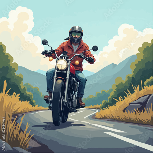 Adventurous man rides a motorcycle on a scenic road surrounded by rolling hills and lush greenery on a bright, clear day
