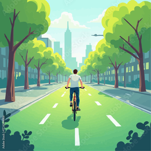 Rear view of a cyclist on a vibrant green bike lane, promoting a healthy and sustainable urban lifestyle in a modern city. Vector illustration