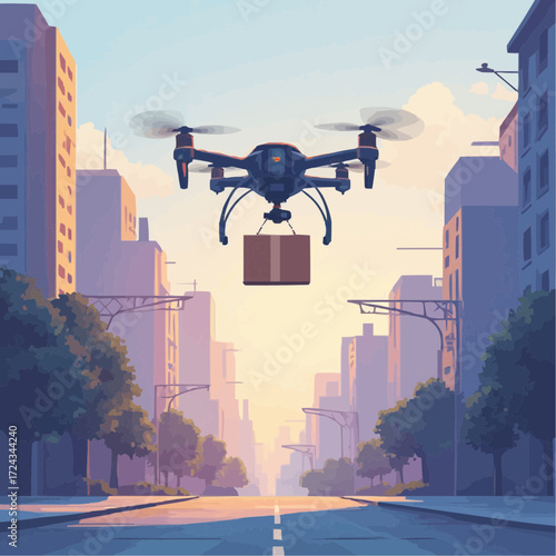 Automated drone delivering a package over a modern city street, symbolizing the future of urban logistics, rapid transport, and efficient last-mile delivery