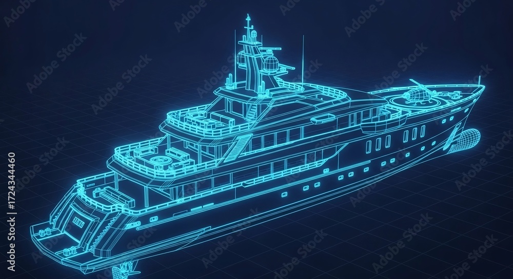 Fototapeta premium 3D Blueprint Design Wireframe of a Modern Futuristic Superyacht