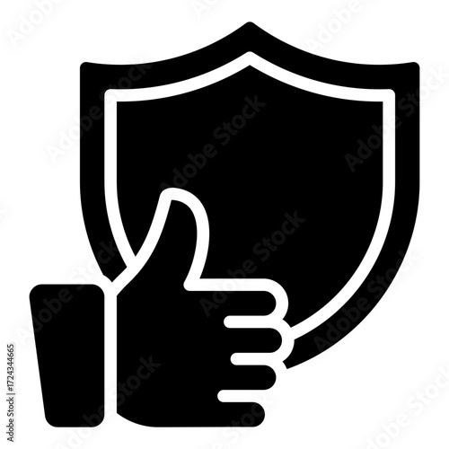 Shield Approval Glyph Black Silhouette Icon Design Vector - shield with thumbs up symbol representing trusted security, safety guarantee, and approval