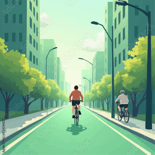 Urban Bike Ride Cyclists Enjoying a Green City Street on a Sunny Day