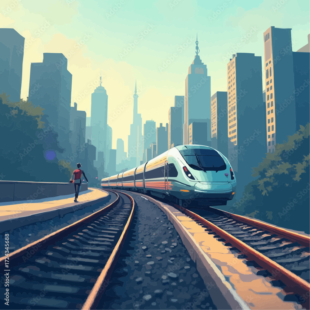 Fototapeta premium Modern high-speed train swiftly navigating a bustling city, embodying efficient urban travel and advanced public transportation through a sleek, futuristic design