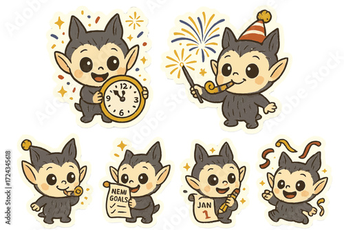 Festive New Year's Elf Sticker Sheet Vector
