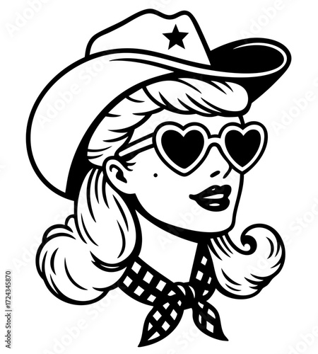Pin-up cowgirl with heart sunglasses and scarf, retro 50s style vintage cocktail lady and classic rockabilly glamour