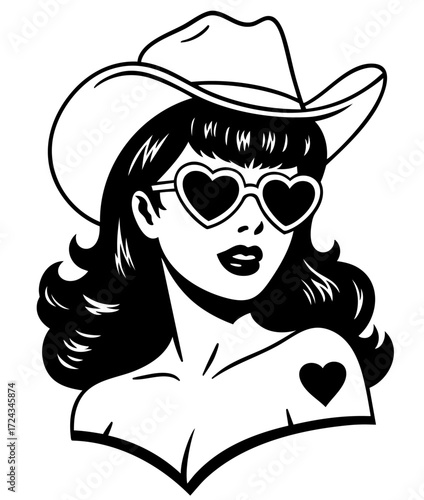 Pin-up girl in cowgirl hat with heart sunglasses, retro woman in vintage glamour style, rockabilly tattoo art and classic 50s beauty