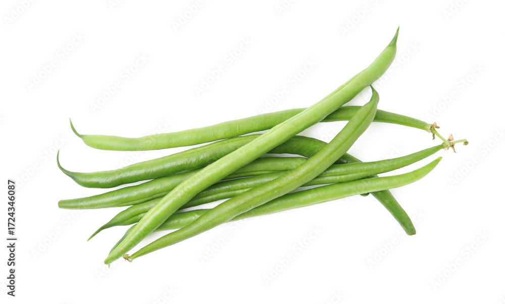 Fototapeta premium Fresh green bean pods isolated on white, top view