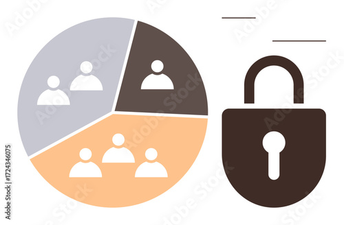 Pie chart dividing user categories alongside a large padlock emphasizing protection. Ideal for privacy, data security, user management, access control, encryption, cybersecurity, confidentiality