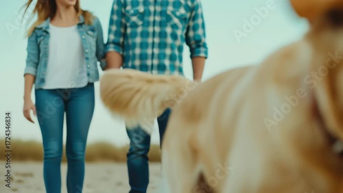 Joyful golden retriever and couple enjoying happiness on beach, surrounded by natures beauty, creating unforgettable moments of friendship and outdoor fun in sand