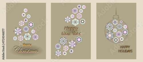 Happy New Year greeting card template with festive snowflake background, elegant frosty design for holiday celebration and winter wishes