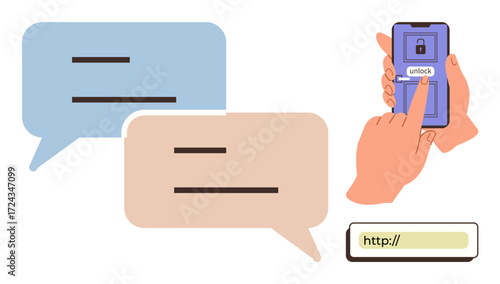Chat bubbles, hand unlocking smartphone via touchscreen, URL bar element. Ideal for communication, security, privacy, internet, technology messaging browsing concepts. Minimal flat metaphor