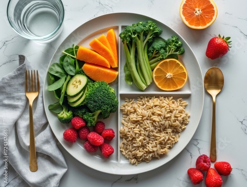 Overhead flat-lay of balanced meal plate with fruits
