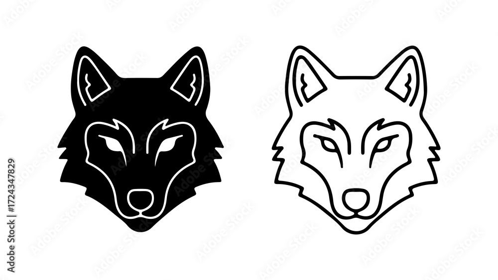 Fototapeta premium Stylized Wolf Head Illustration in Black and Outline.