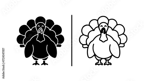 Stylized turkey icon in two variations solid black and outline representing Thanksgiving.