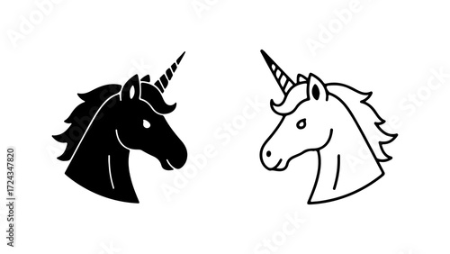 Stylized unicorn head illustrations mythical fantasy creatures magic symbols.