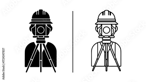Surveyor with Theodolite Silhouette and Outline Icon Set.