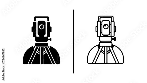 Surveying Theodolite Total Station on Tripod Icons.