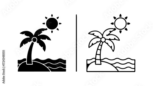 Tropical island scene with palm tree and shining sun on the beach.
