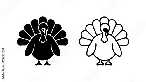 Turkey icon set in black and white perfect for Thanksgiving celebrations.