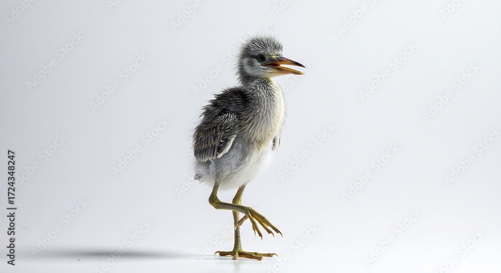 Fototapeta premium Fluffy grey heron chick stands delicately soft light background. AI Generated