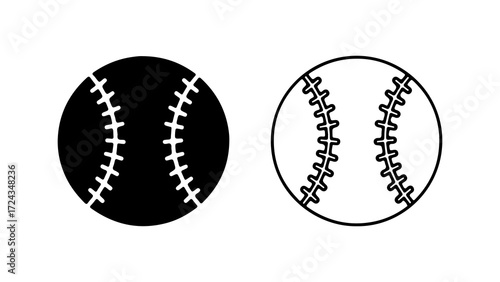 Two baseballs one black and white one outline illustration.