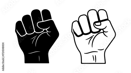Two black and white clenched fists symbolic of protest and solidarity.