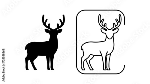 Two black and white deer silhouettes one solid black one outlined in black against a white background.