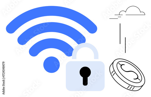 wireless signal icon, lock symbol, and coin outline for themes of cybersecurity, wireless networks, digital transactions, data encryption, online privacy, secure payment, and connectivity in a simple