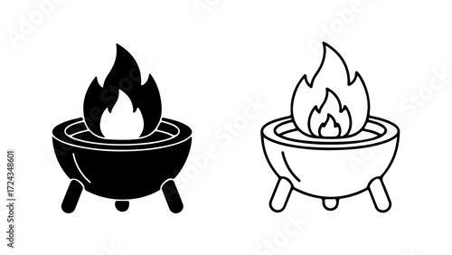 Two black and white images of fire pits with flames.