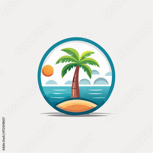 Tropical Island Paradise: Palm Tree, Ocean, and Sunset in a Circular Design