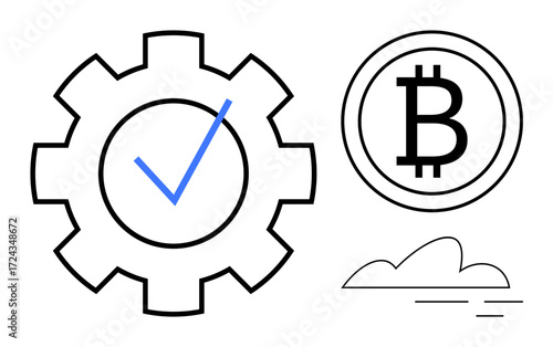 Gear with blue checkmark, Bitcoin coin, and abstract cloud line art. Ideal for innovation, blockchain, technology, cryptocurrency, digital systems, fintech automation simple flat metaphor