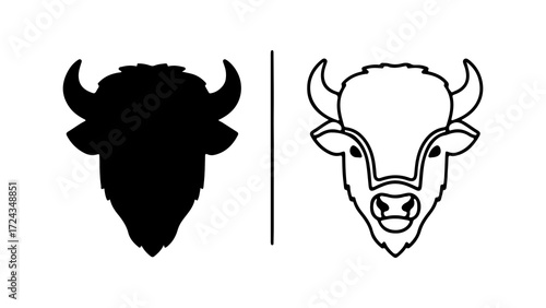 Two buffalo head illustrations one black silhouette one white outline focused on animal head details simple and clean design.