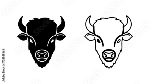 Two buffalo head silhouettes one black one white focused on the animals head details simple and clean design.