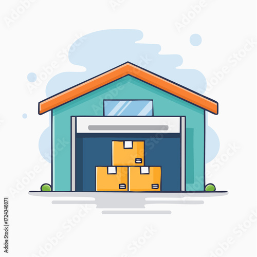 Teal Warehouse Building with Stacked Cardboard Boxes