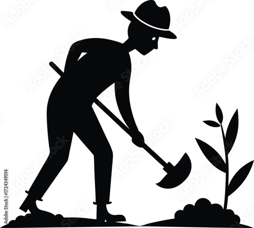 Gardener digging soil with shovel silhouette vector