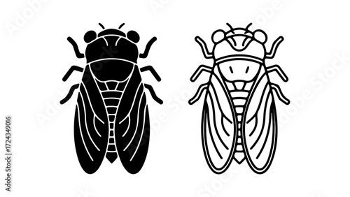 Two Cicada Insect Icons Black and White Vector Illustration.