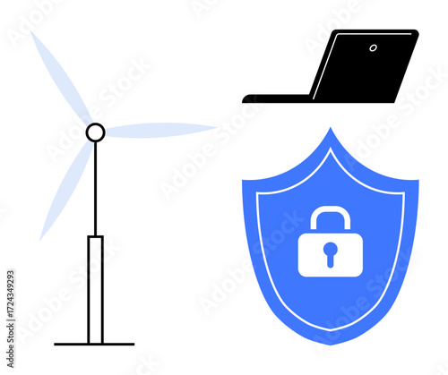 Wind turbine, digital laptop, and blue cybersecurity shield with lock emphasizing energy, safety, and digital connectivity. Ideal for technology, sustainability, security, innovation green energy