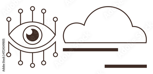Eye with circuits extending outward, linking to a cloud. Ideal for technology, data storage, cybersecurity, digital vision, artificial intelligence, cloud services future trends. Simple flat