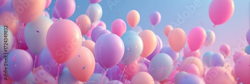 Colorful Balloons Floating in a Clear Blue Sky During a Festive Celebration, Creating a Vibrant and Joyful Atmosphere