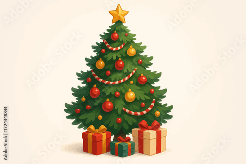 Ornamented Christmas Tree with Gifts Vector
