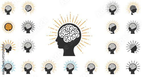 Human brain silhouettes representing various mental states and cognitive functions with radiating light beams, suggesting ideas and enlightenment.