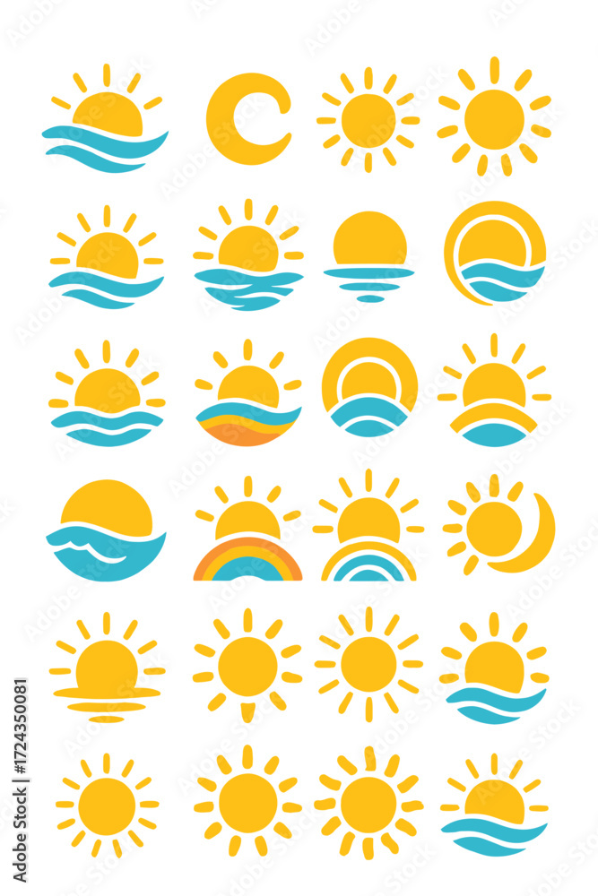 Obraz premium Vector Sun, Sea, and Wave Icons Set 