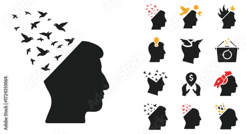 Silhouette head releases flock of birds representing freedom of thought and creative expression, showcasing mental liberation and innovative ideas.