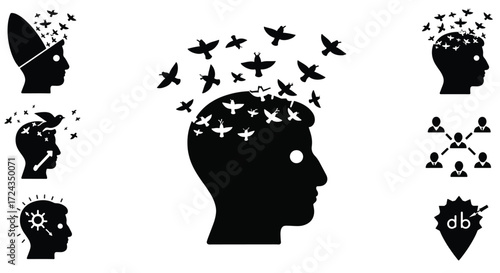 Human head releasing birds into the sky, symbolizing freedom and new beginnings, creating a sense of hope and inspiration.