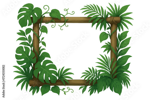 Vector Square Bamboo Frame with Tropical Leaves